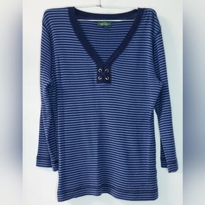 Vintage LRL Lauren Navy & Blue Striped Thermal 3/4 Sleeve Top Shirt Lg